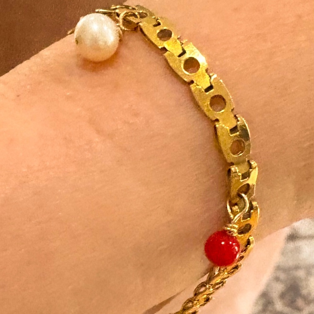 18k Antique gold bangle with semi-precious beads and safety chain